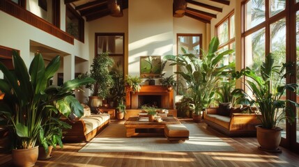 Fototapeta premium Sunlit living room with hardwood floors, large windows, fireplace, and abundant tropical plants.