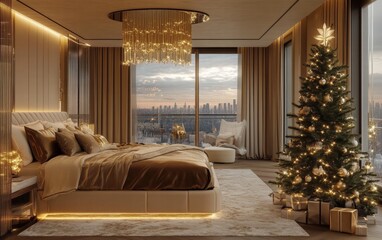 A luxury bedroom with silk bedding, golden accents, and a tall Christmas tree glowing with soft light beside the balcony