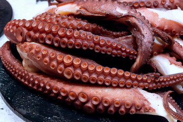 Raw fresh octopus tentacles resting on ice, ready to be cooked, seafood markets.