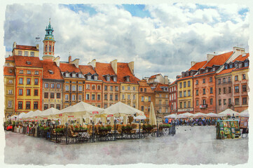 The Old Town of Warsaw, Poland. Medieval buildings at Old Town Market Place, reconstructed after WWII. Watercolor painting.