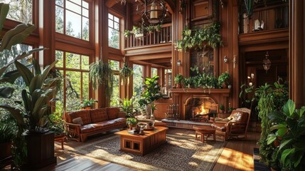 Fototapeta premium Sunlit, plant-filled, wooden living room with fireplace and high ceilings.