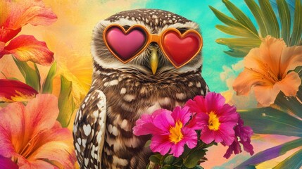 Fototapeta premium A cute owl sporting heart-shaped sunglasses stands amidst bright flowers and lush greenery, creating a cheerful and lively tropical atmosphere. Generative AI