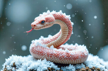 Snake coiled in snow with detailed scales and icy surroundings.