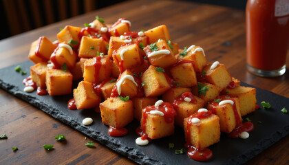 Close-up of patatas bravas on black slate plate with brava sauce, aioli, and crispy edges, modern styling