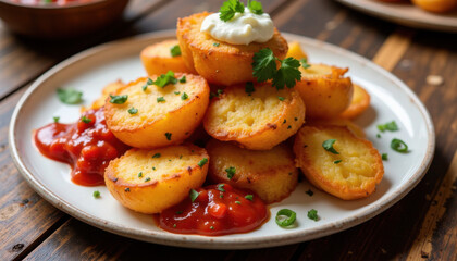 Crispy patatas bravas with spicy tomato sauce, aioli, and parsley, rustic wooden table presentation