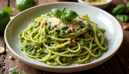 Fresh pesto pasta with spaghetti, Parmesan, pine nuts, and basil, rustic wooden table presentation