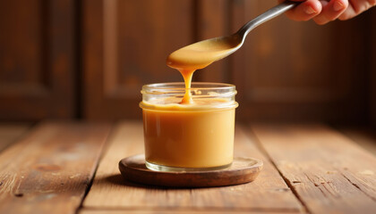 Creamy dulce de leche in glass jar with caramel drizzle, rustic wooden table, cozy warm glow