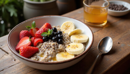 Creamy quinoa porridge with banana, berries, honey, and chia seeds, rustic wooden table, cozy breakfast