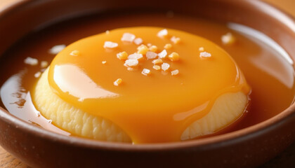 Silky dulce de leche in bowl, smooth texture with sea salt garnish, warm and minimalist presentation