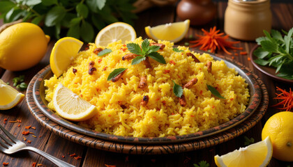 Festive saffron rice with lemon wedges and fresh herbs, decorative platter, celebratory atmosphere
