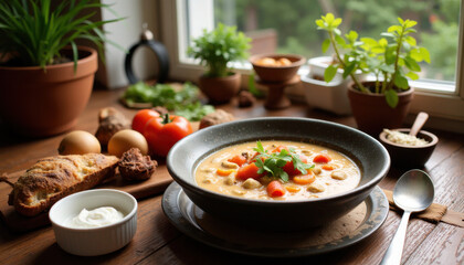 Cozy table setting with traditional shchi soup, rye bread, and sour cream, rustic Russian dish