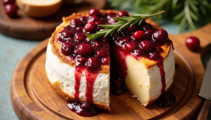Golden baked brie with cranberry sauce and rosemary garnish, wooden platter, festive holiday appetizer