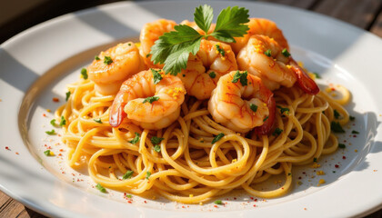 Shrimp scampi pasta with garlic butter sauce, fresh parsley and lemon zest, rustic white plate