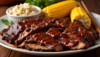 Smoky barbecue brisket with coleslaw and grilled corn, rich caramel tones, perfect for food photography or BBQ promotions