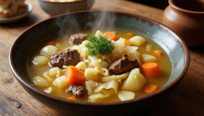Close-up of hearty shchi soup with cabbage, beef, and vegetables, garnished with sour cream and parsley