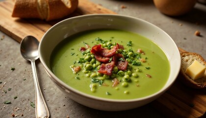 Cozy dining scene with split pea soup, smoked bacon, crusty bread, and fresh herbs, homely atmosphere