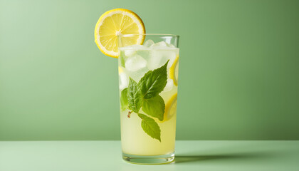 Chilled basil lemonade with ice and lemon slice in tall glass