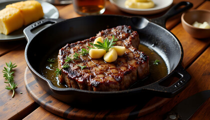 Perfectly seared skillet steak with herb butter, thyme, and garlic, rustic wooden table setting