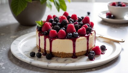 Whole no-bake cheesecake with mixed berries and berry compote, elegant marble platter setup
