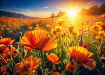 Fototapeta premium Vintage Orange Poppies & Wildflowers: Sun-Drenched Summer Meadow Photography