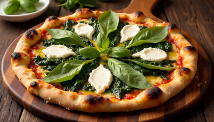 Spinach and ricotta pizza with crispy crust, olive oil, and fresh basil, rustic wooden pizza board