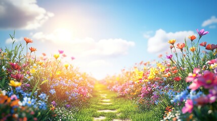 Blooming flower path under sunny sky, vibrant nature scene.