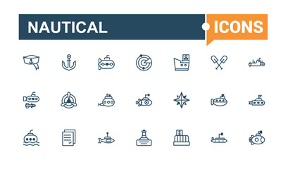 Nautical line icons set. Includes icons for sailing, fish, sailor, lifebuoy, oar and more. Minimal linear icons. Vector outline and solid icons collection.