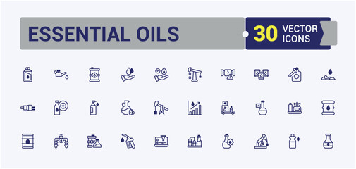 Essential Oils vector line icon set. Icon oil, product, plant, fuel, medical and more. Minimalistic icon. Vector line and solid icons.
