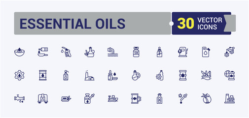 Essential Oils vector line icon set. Icon oil, product, plant, fuel, medical and more. Minimalistic icon. Vector line and solid icons.