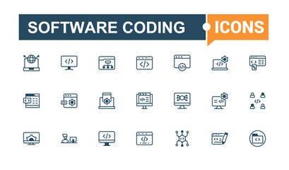 Software Coding icon set. Featuring binary, programming, java, computer, application, algorithm, work, technology. Perfect for logos and infographics. Solid line editable stroke.