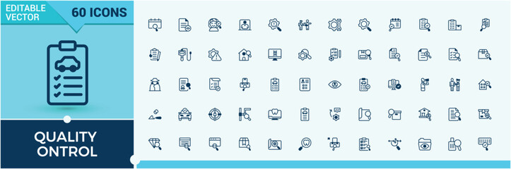 Set of Quality Control line icons. Featuring inspector, research, quality, check, inspect and more. Simple icon designs. Vector outline and solid icons collection.