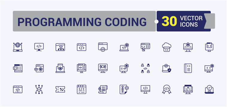 Programming Coding icon set. Icon algorithm, program, app, coding, browser, develop and more. Icons for UI. Outline and solid pictogram.