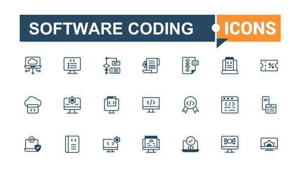 Software Coding icon set. Featuring binary, programming, java, computer, application, algorithm, work, technology. Perfect for logos and infographics. Solid line editable stroke.