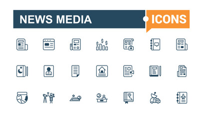 News Media icon collection. Contains such icons as radio, Journalism, information, advertising, man, telecom, marketing. Minimalistic icon. Editable vector outline and solid icons.
