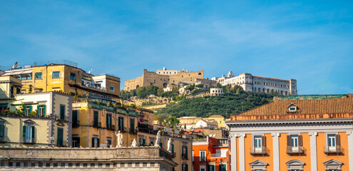 View of Naples from the Piazza del Plebiscito with the historical ruins of Sant'Elmo castle (XII...