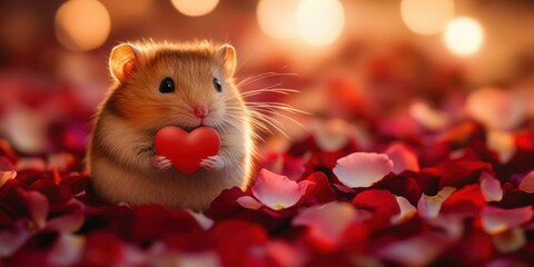 A small hamster clutches a heart while sitting among vibrant rose petals. The warm lights in the background create a cozy and romantic ambiance. Generative AI