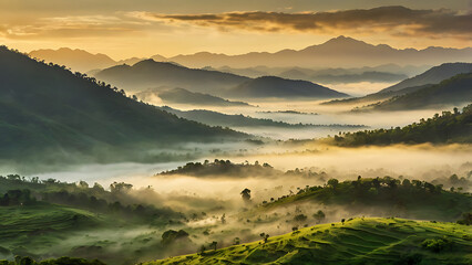 Golden Sunrise Over Misty Mountains and Green Valleys
