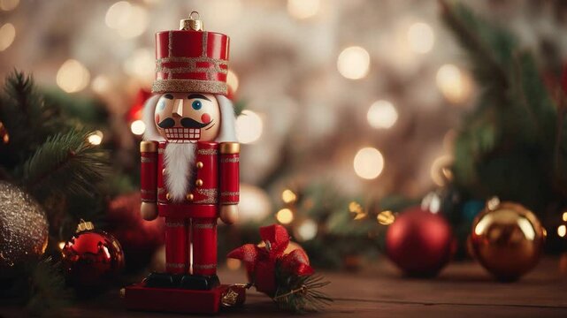 A nutcracker is standing on a wooden table with a bunch of Christmas ornaments a