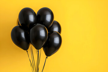 Black balloons against a vibrant yellow background, creating a striking contrast. Perfect for Black Friday promotions or event marketing with ample negative space for copy.