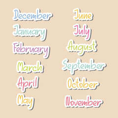 Cute Month names Stickers set. Hand Drawn Funny Months of the year lettering. Doodle handwritten Elements for calendar, Kids planner, school organizer, notepad, scrapbooking Design