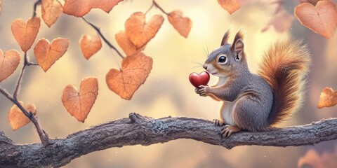 Obraz premium A small squirrel embraces a red heart as it sits on a tree branch, surrounded by beautiful autumn leaves shaped like hearts in a peaceful setting. Generative AI