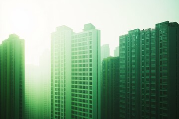 Obraz premium An ethereal cityscape features tall buildings veiled in a greenish mist, creating a surreal and futuristic atmosphere in the urban environment.