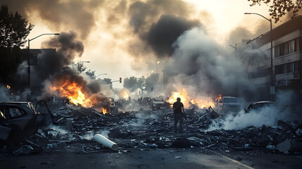 Urban scene with smoke, fires, and destruction during a riot. Perfect for news, conflict, or social unrest themes.