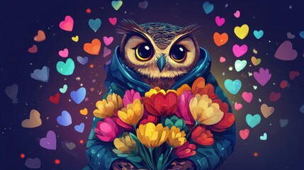 Obraz premium A charming owl dressed in a cozy hoodie clutches a vibrant bouquet of flowers surrounded by colorful heart shapes, creating a whimsical atmosphere. Generative AI
