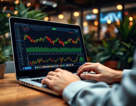 Person analyzes stock market data on laptop. Person looks at financial charts on screen. Person hands on laptop keyboard. Stock market analysis in progress. Person potentially trader investor. Indoor