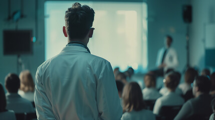 A doctor in a modern hall hearing lecture and looking a presentation on the screen