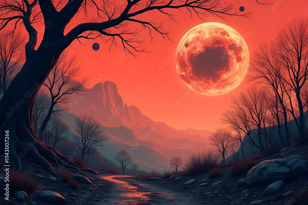 Wall mural dreamy and otherworldly atmosphere created by surreal illustration with bare tree branches and dark 