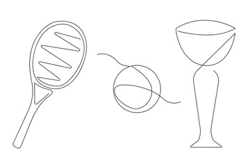 Tennis set in one continuous line. One line drawing, minimalism. Vector illustration.