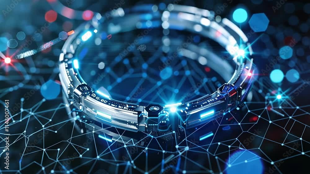 Poster futuristic circular device with glowing blue lights is hovering over a network grid, representing ad