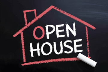 Chalk outline of house with OPEN HOUSE text pops on blackboard